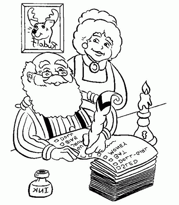 Mikołaj i pani Mikołajowa robią listę prezentów kolorowanka do druku